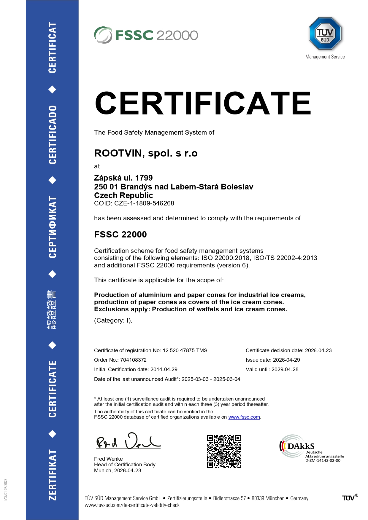 Certificate FSSC 22000