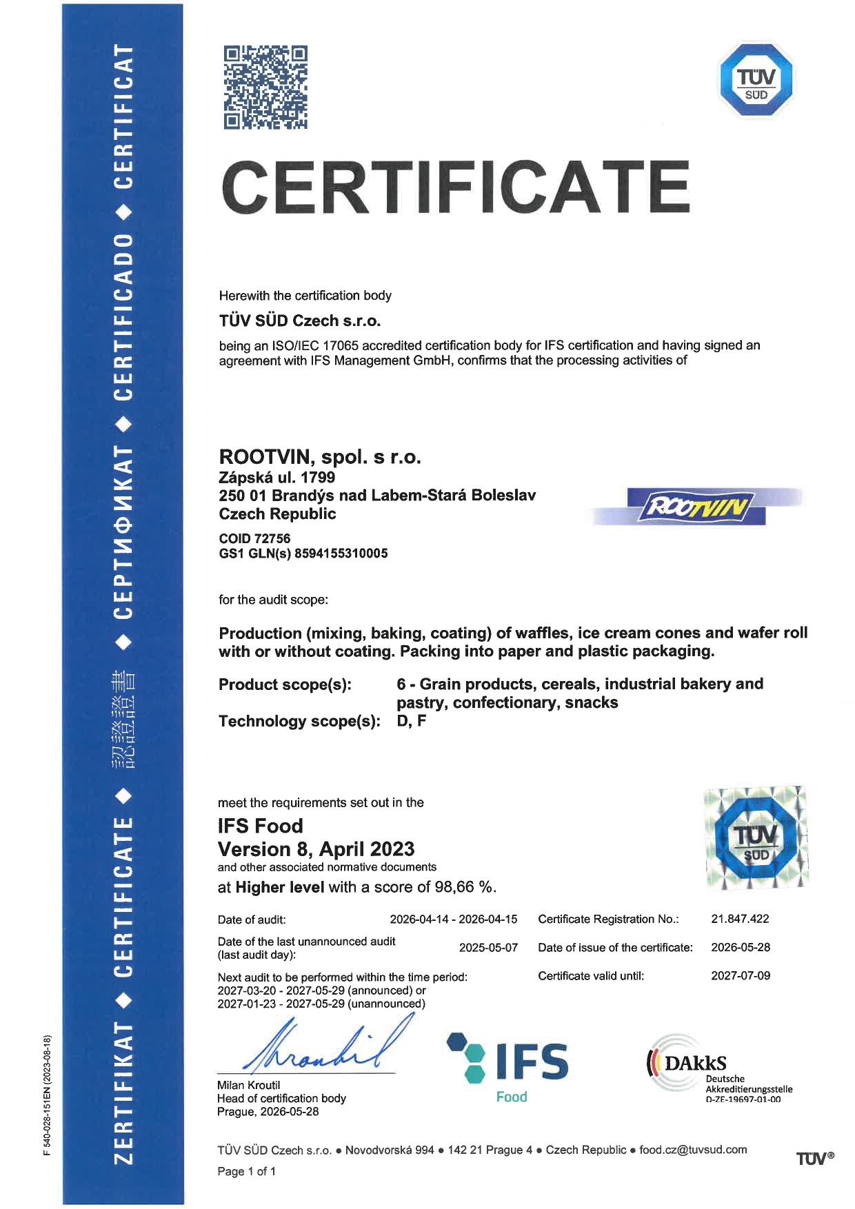 Certificate IFS FOOD